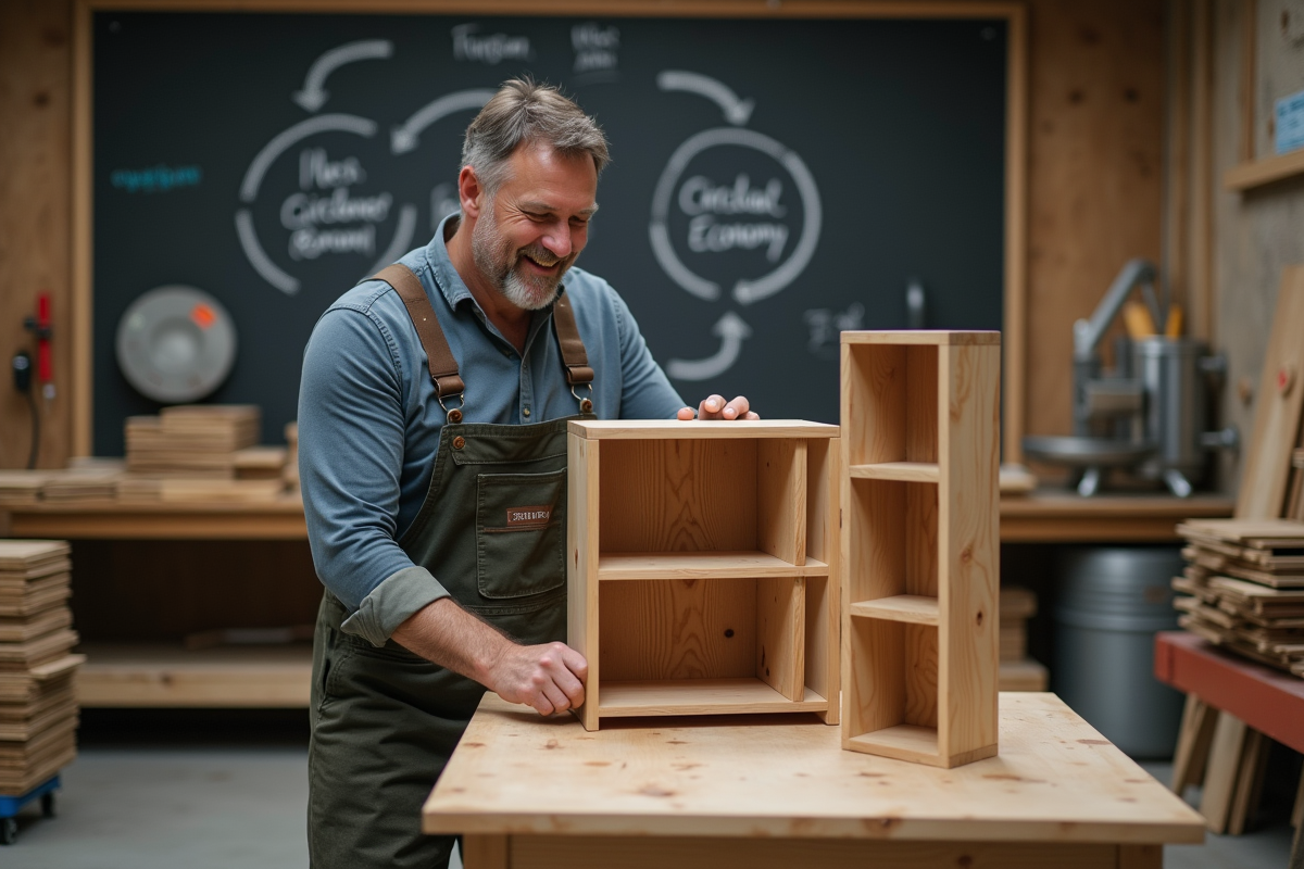 Homme inspectant des étagères en bois recyclé dans un atelier