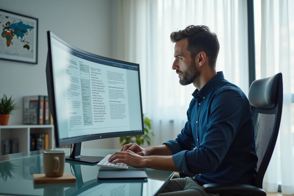 Homme consultant une bibliothèque numérique d'ebooks sur un grand écran, cherchant à récupérer ses liens après la fermeture d'un site