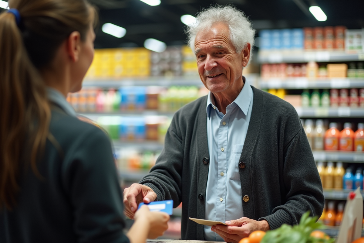 Homme âgé payant avec sa carte au supermarché