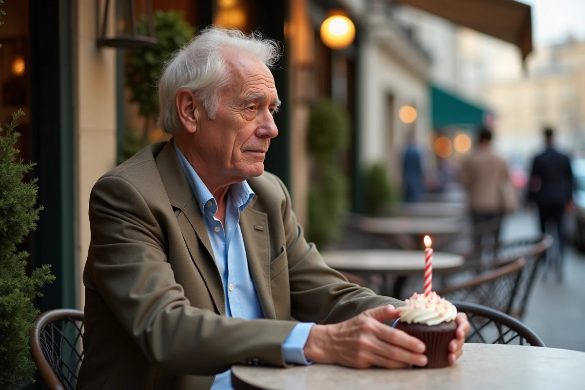 Célébrité âgée dégustant un cupcake en extérieur