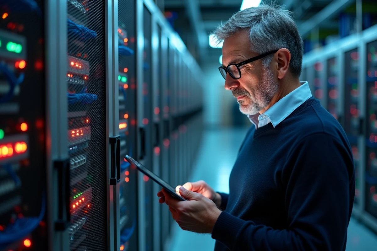 Homme dans un centre de données avec câbles réseau