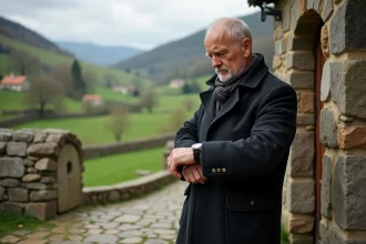 Homme d'âge moyen devant une chapelle en Auvergne