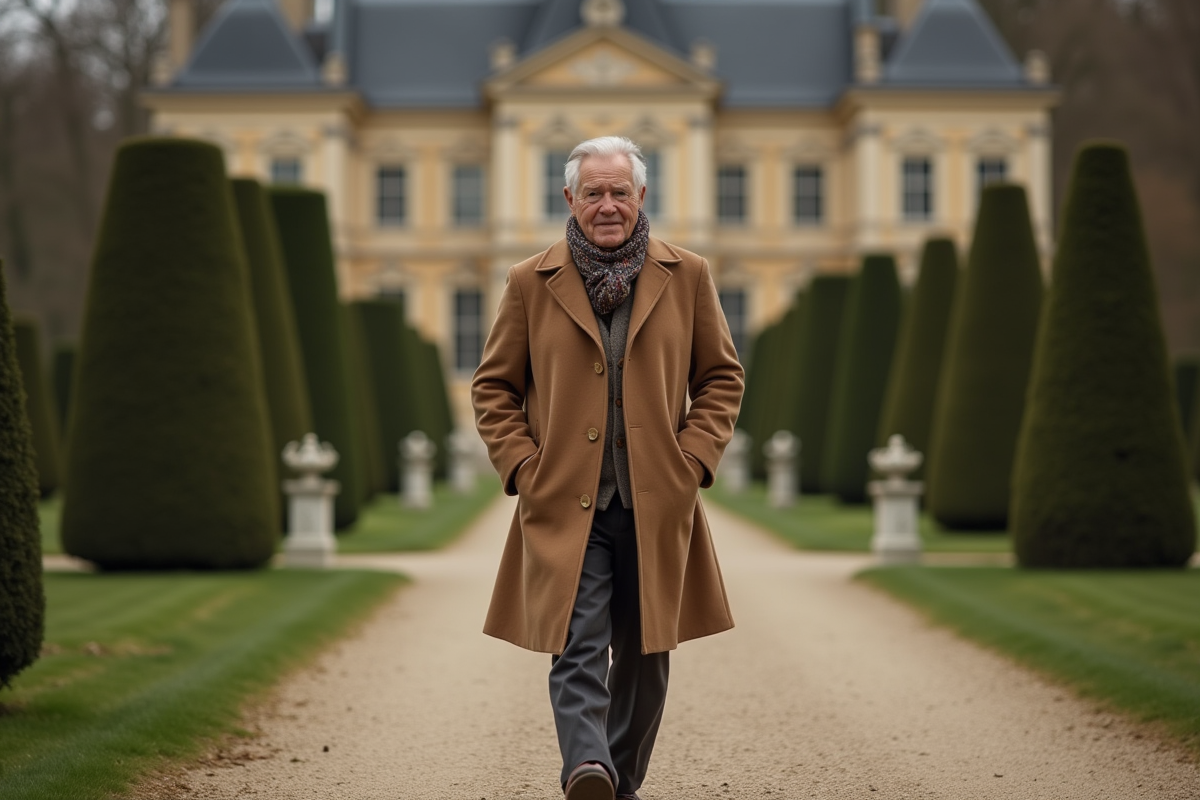 Homme âgé en manteau cashmere dans un jardin de chateau