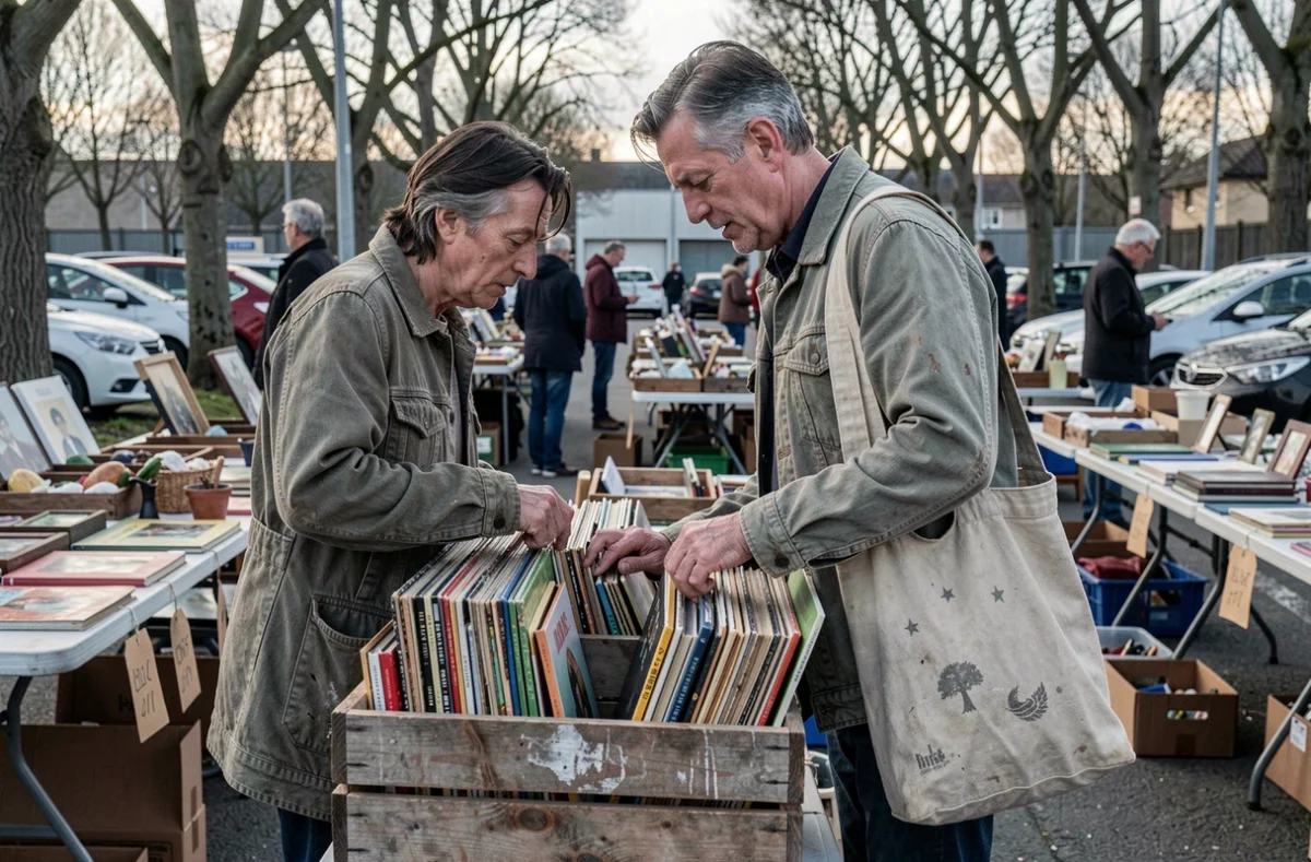 Homme chinant des vinyles et livres anciens dans une brocante en plein air des Yvelines