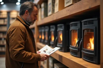 Homme d'âge moyen examinant un insert bois dans un magasin