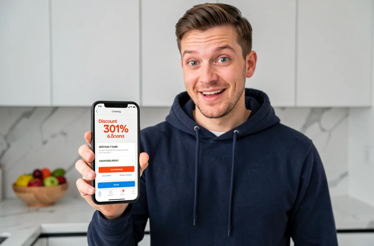Homme découvrant une réduction immédiate via un code promo Pixmania sur smartphone dans une cuisine moderne
