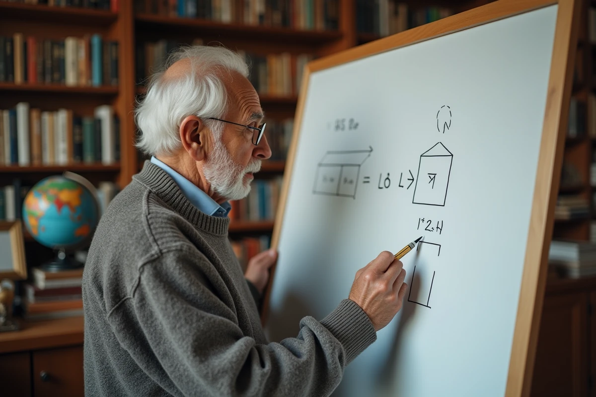 Homme âgé dessinant un rectangle sur un tableau blanc