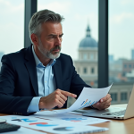 Taux d’intérêt : quand et comment évoluent-ils ? Homme d'affaires en costume analysant des graphiques financiers