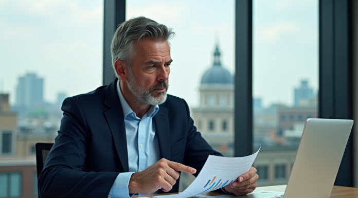 Homme d'affaires en costume analysant des graphiques financiers