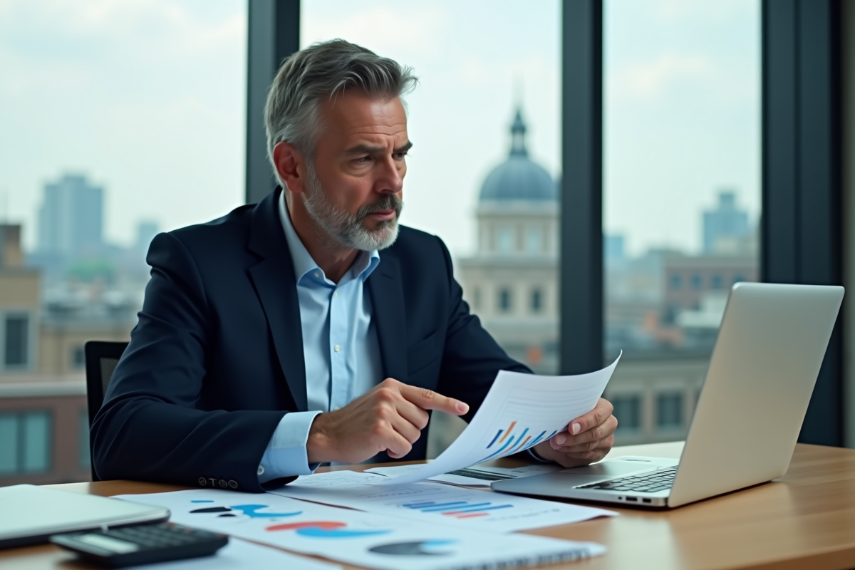 Homme d'affaires en costume analysant des graphiques financiers