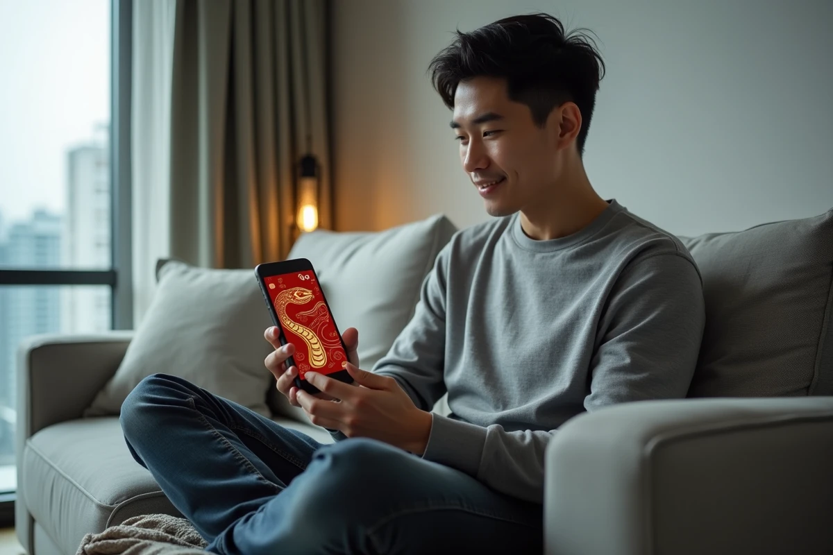 Homme concentré jouant au jeu Google du Serpent sur smartphone dans un salon moderne avec vue urbaine