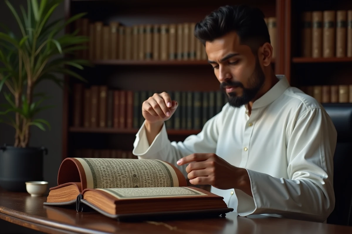 Homme lisant un Coran posé sur un rehal en bois dans une bibliothèque islamique, évoquant les questions d'ablutions et de pureté rituelle pour la lecture