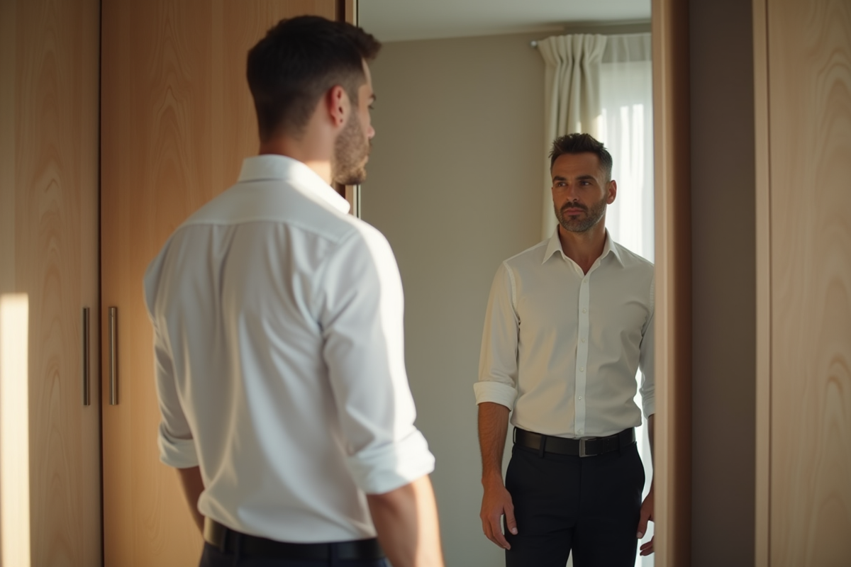 Homme en réflexion devant un miroir dans une chambre moderne