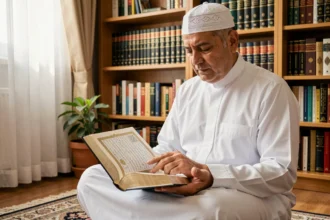 Homme musulman lisant le Coran sur un tapis de prière dans une bibliothèque islamique