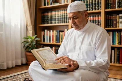 Homme musulman lisant le Coran sur un tapis de prière dans une bibliothèque islamique