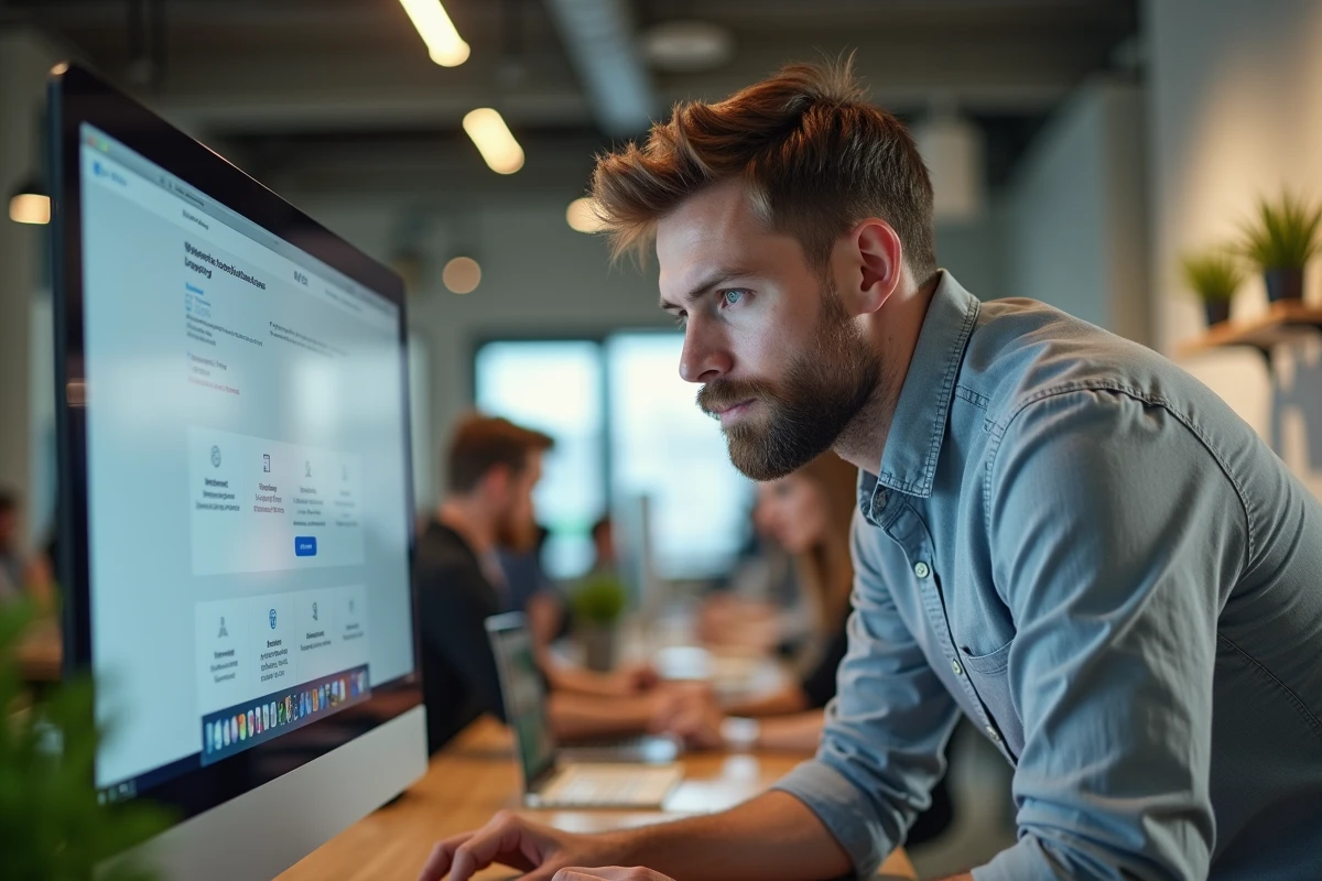 Homme utilisant un site web sur un grand écran dans un espace de coworking contemporain