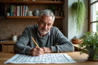 Homme d'âge moyen résolvant un puzzle dans la cuisine