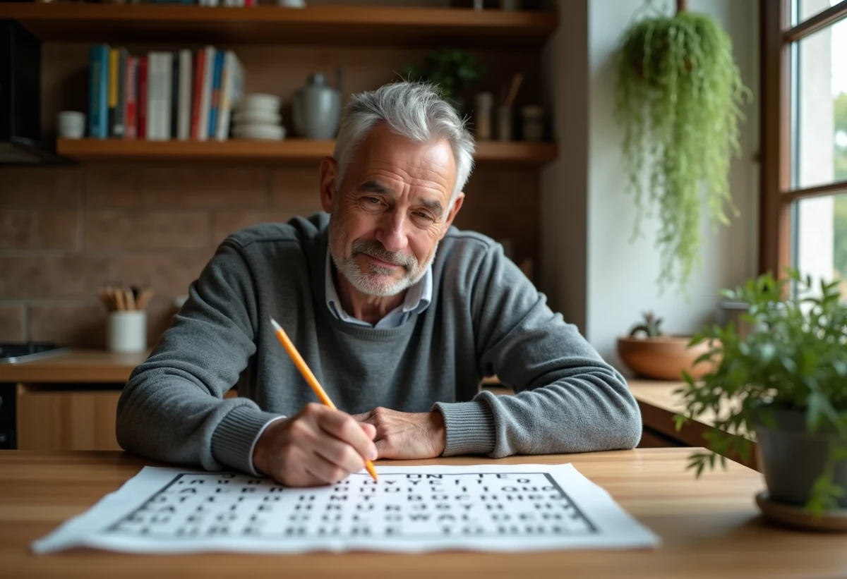Homme d'âge moyen résolvant un puzzle dans la cuisine