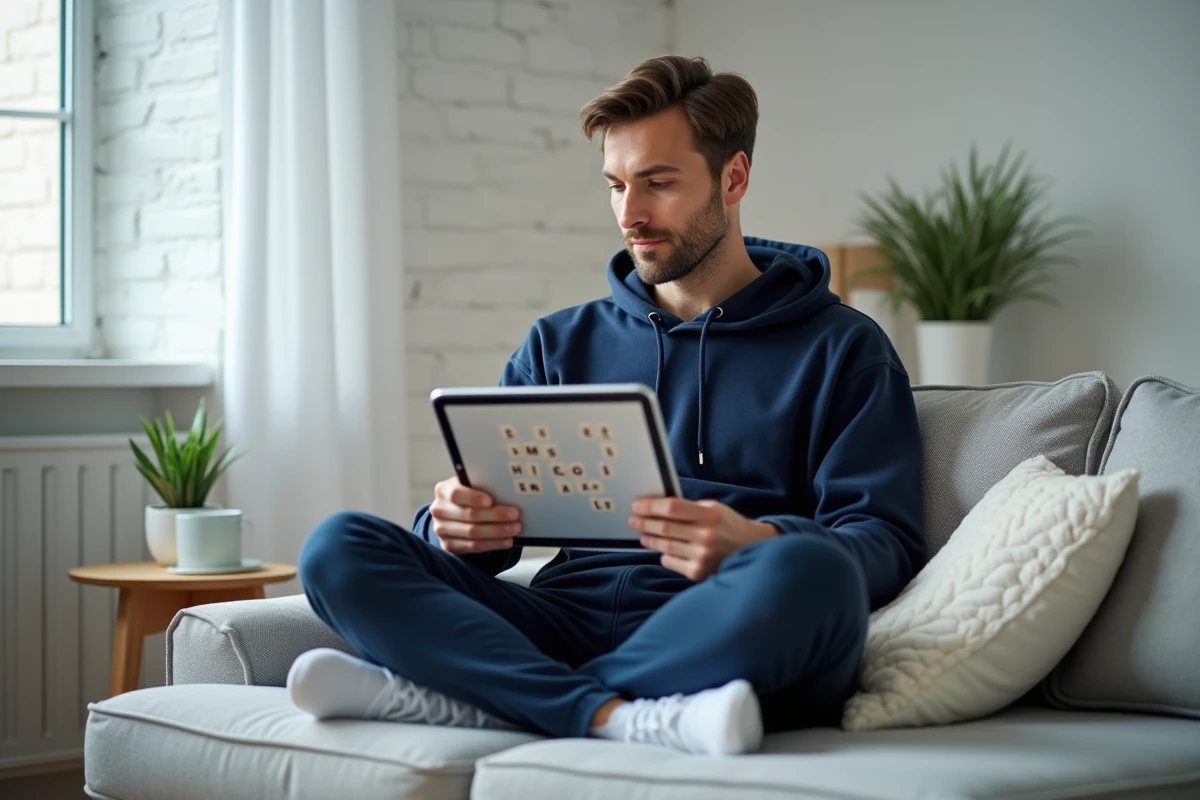 Homme détendu résolvant un puzzle de mots sur tablette dans un salon scandinave minimaliste