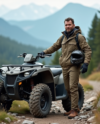 Homme en équipement outdoor avec quad en nature