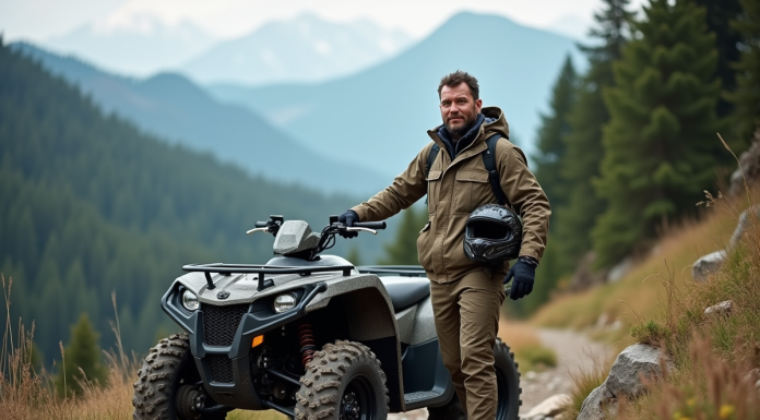 Homme en équipement outdoor avec quad en nature