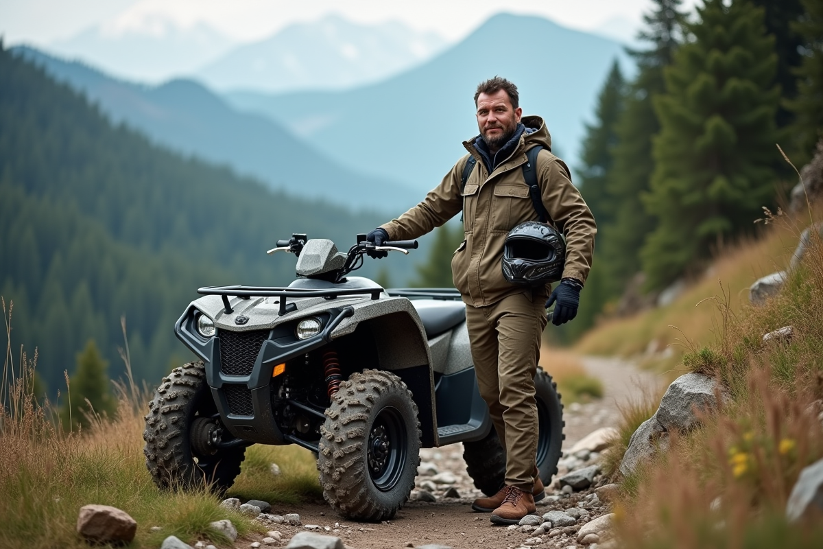 Homme en équipement outdoor avec quad en nature
