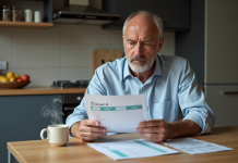 Homme d'âge moyen examine un livret d'épargne dans la cuisine