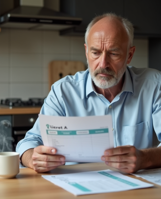 Homme d'âge moyen examine un livret d'épargne dans la cuisine