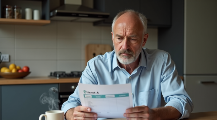 Homme d'âge moyen examine un livret d'épargne dans la cuisine