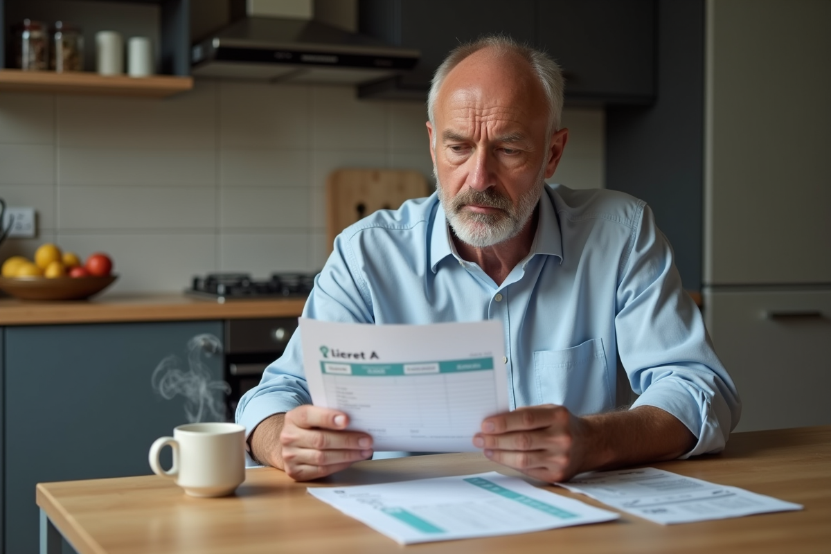 Homme d'âge moyen examine un livret d'épargne dans la cuisine