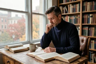 Homme en pull marine assis à un bureau en chêne entouré de livres de philosophie, illustrant la réflexion philosophique de Schopenhauer dans la vie moderne