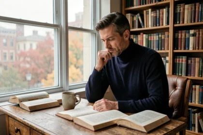 Homme en pull marine assis à un bureau en chêne entouré de livres de philosophie, illustrant la réflexion philosophique de Schopenhauer dans la vie moderne