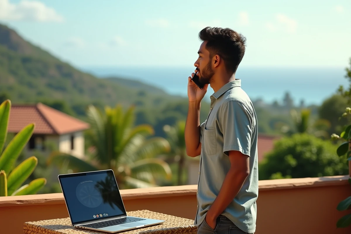 Homme réunionnais en appel vidéo sur une terrasse avec vue sur le paysage volcanique de La Réunion, illustrant le décalage horaire avec la France