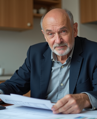 Homme d'âge moyen dans une cuisine moderne examine ses documents de location