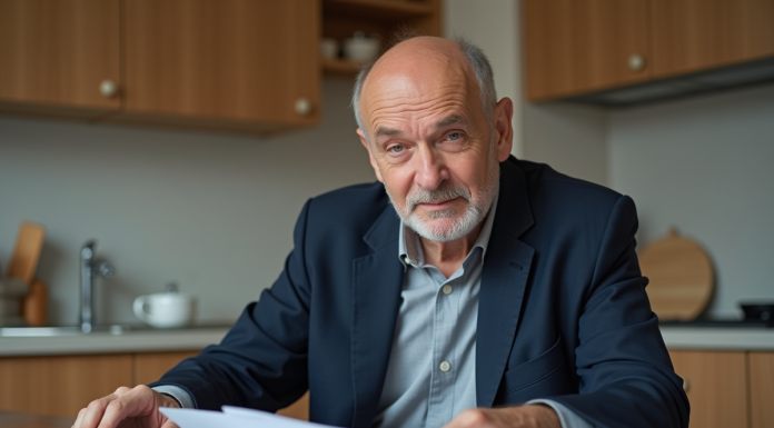 Homme d'âge moyen dans une cuisine moderne examine ses documents de location