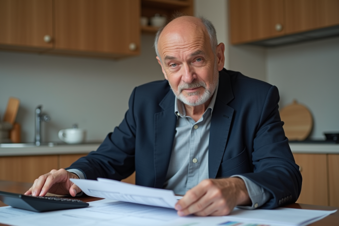 homme-revenus-locatifs-kitchen Homme d'âge moyen dans une cuisine moderne examine ses documents de location