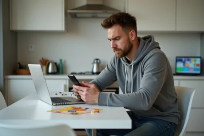 Homme en hoodie regardant son smartphone dans la cuisine