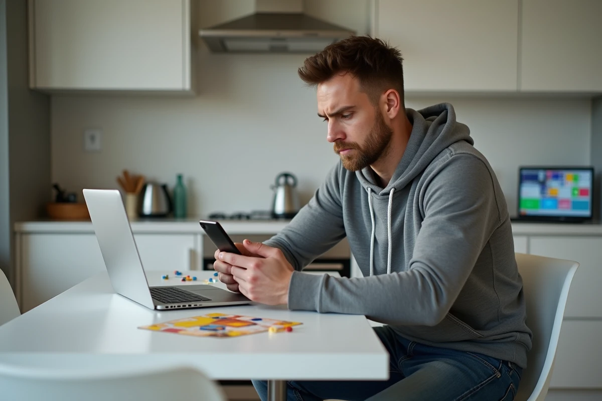 Homme en hoodie regardant son smartphone dans la cuisine