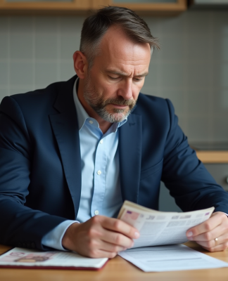 Homme d'âge moyen en costume bleu examinant un livret d'épargne