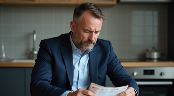 Homme d'âge moyen en costume bleu examinant un livret d'épargne