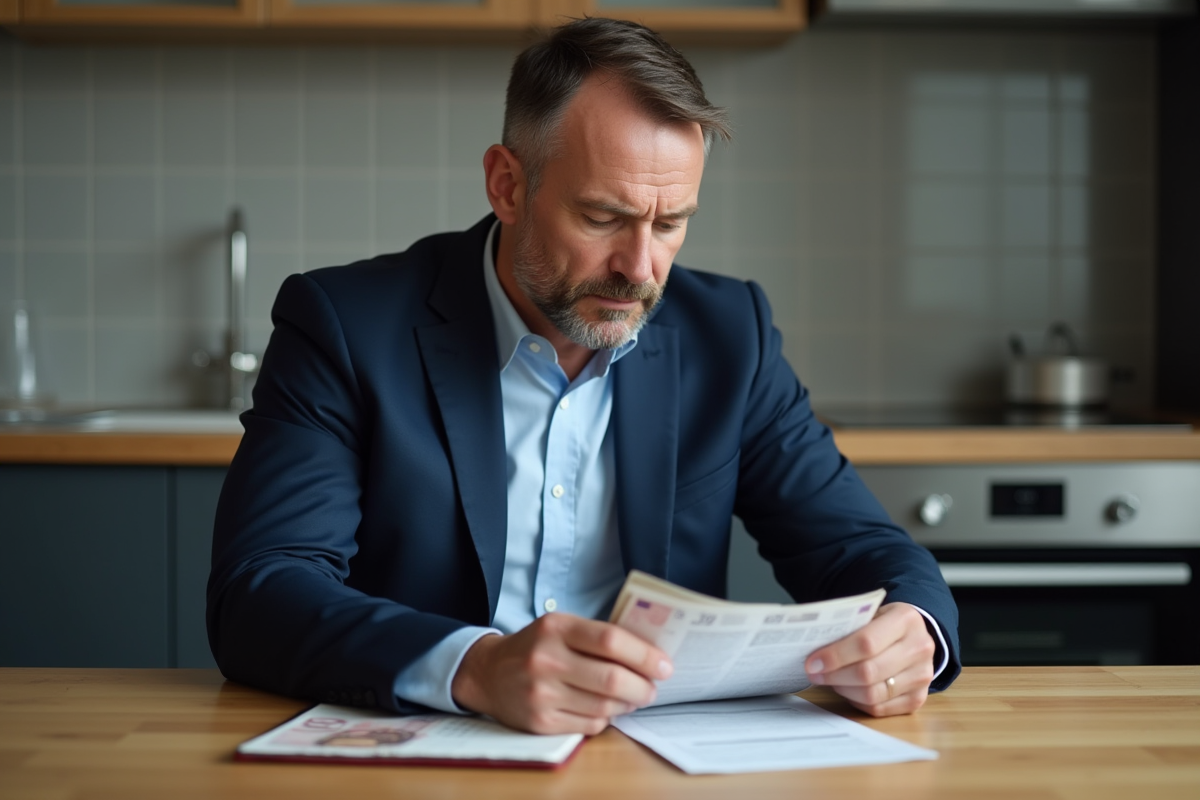 Homme d'âge moyen en costume bleu examinant un livret d'épargne