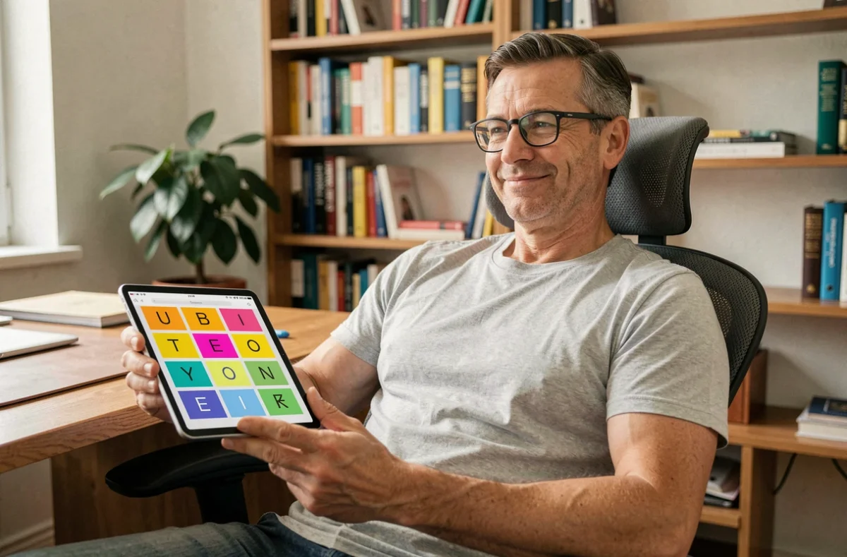Homme utilisant une tablette pour trouver un mot de 7 lettres dans le jeu 4 images 1 mot depuis son bureau