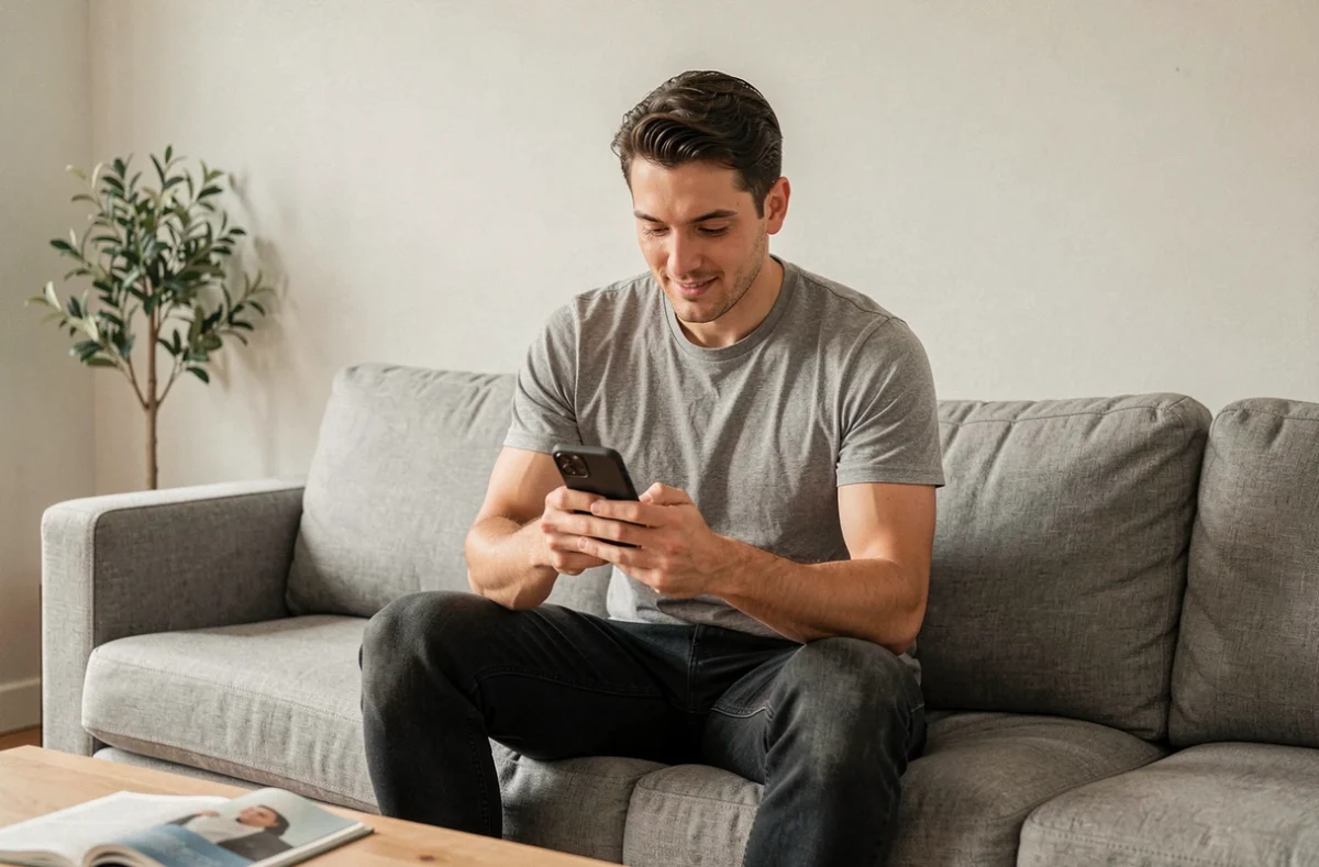 Homme détendu utilisant une application de tchat sur smartphone dans un salon moderne et épuré