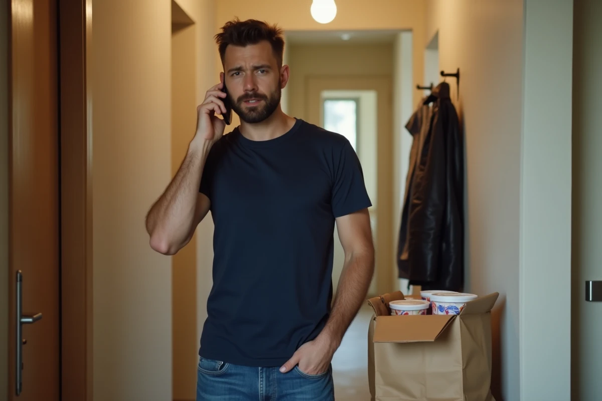 Homme au téléphone dans un couloir d'appartement tentant de contacter le service client Uber Eats pour une commande froide