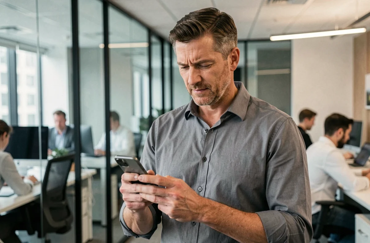 Homme en bureau vérifiant un site web sur smartphone avec une expression concentrée et prudente