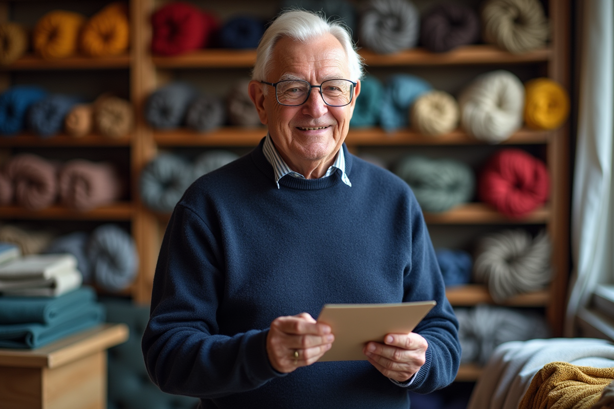 Homme âgé compare des échantillons de tissu en magasin
