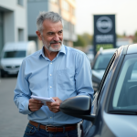 Marché automobile d’occasion en 2025 : tendances et perspectives Homme d'âge moyen inspectant une voiture d'occasion en concession