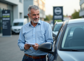 Marché automobile d’occasion en 2025 : tendances et perspectives Homme d'âge moyen inspectant une voiture d'occasion en concession