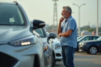 Homme d'âge moyen inspectant une voiture d'occasion en concession
