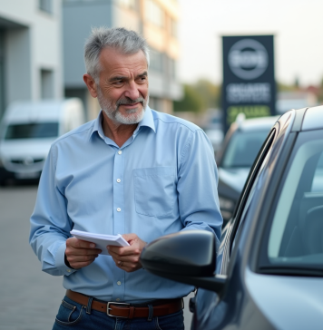 Marché automobile d’occasion en 2025 : tendances et perspectives Homme d'âge moyen inspectant une voiture d'occasion en concession